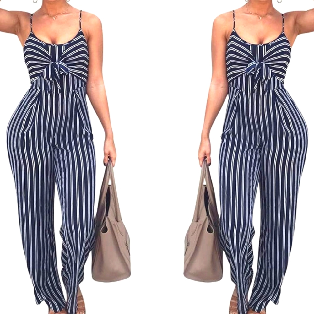 Spaghetti Strap Wide Leg Blue White Stripe Romper